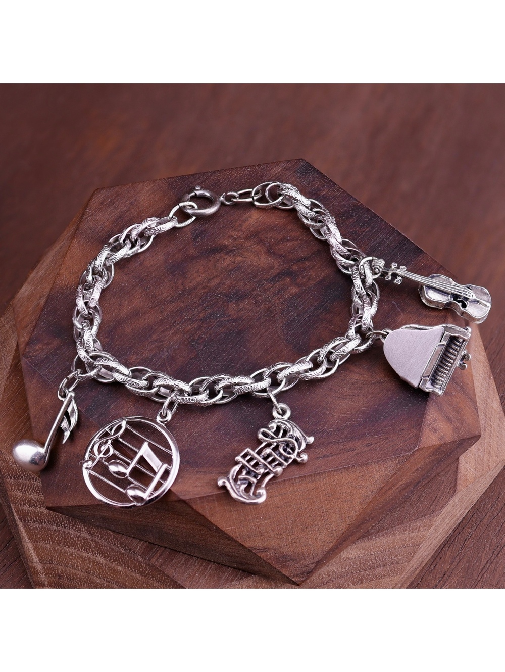 Vintage Beau Sterling Silver Music Charm Bracelet 23.4g Grand Piano Violin 925